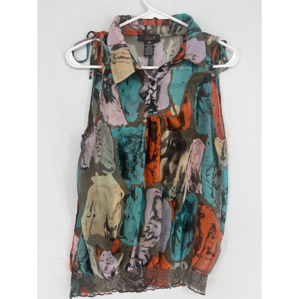 Dex Abstract Print Sleeveless Blouse Tie Shoulder Smocked Hem Multicolor Small